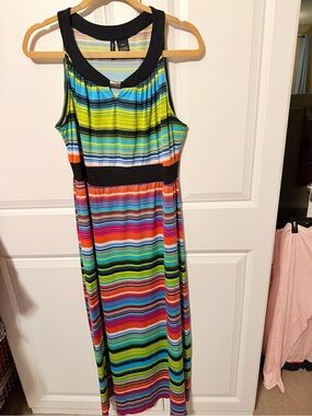 new directions Multicolor Striped Maxi Dress with Black Trim